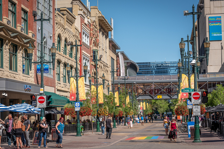Calgary, Canada - July 26, 2019: Stephen Avenue in Calgary Alberta.  Stephen Avenue is Calgary's popular downtown pedestrian mall.