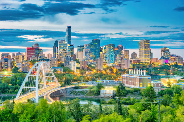 Skyline of downtown Edmonton Alberta Canada at twilight blue hour.